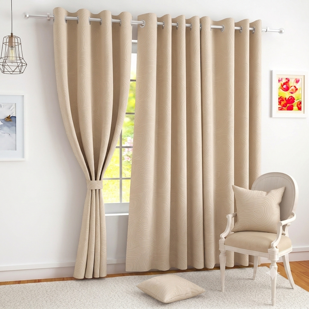 LHF 100% True Blackout Curtains Luxury Wave Embossed Design Complete Light Block Thermal Insulated & Noise Reducing Room Darkening Curtains (Beige-03, Door-7 Feet, Pack of -1)